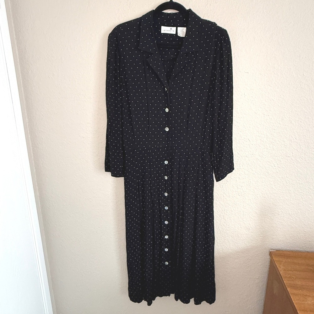 Vintage Parisian Old Money 90s Black Polka Dot Midi Button Front Dress Modest 12